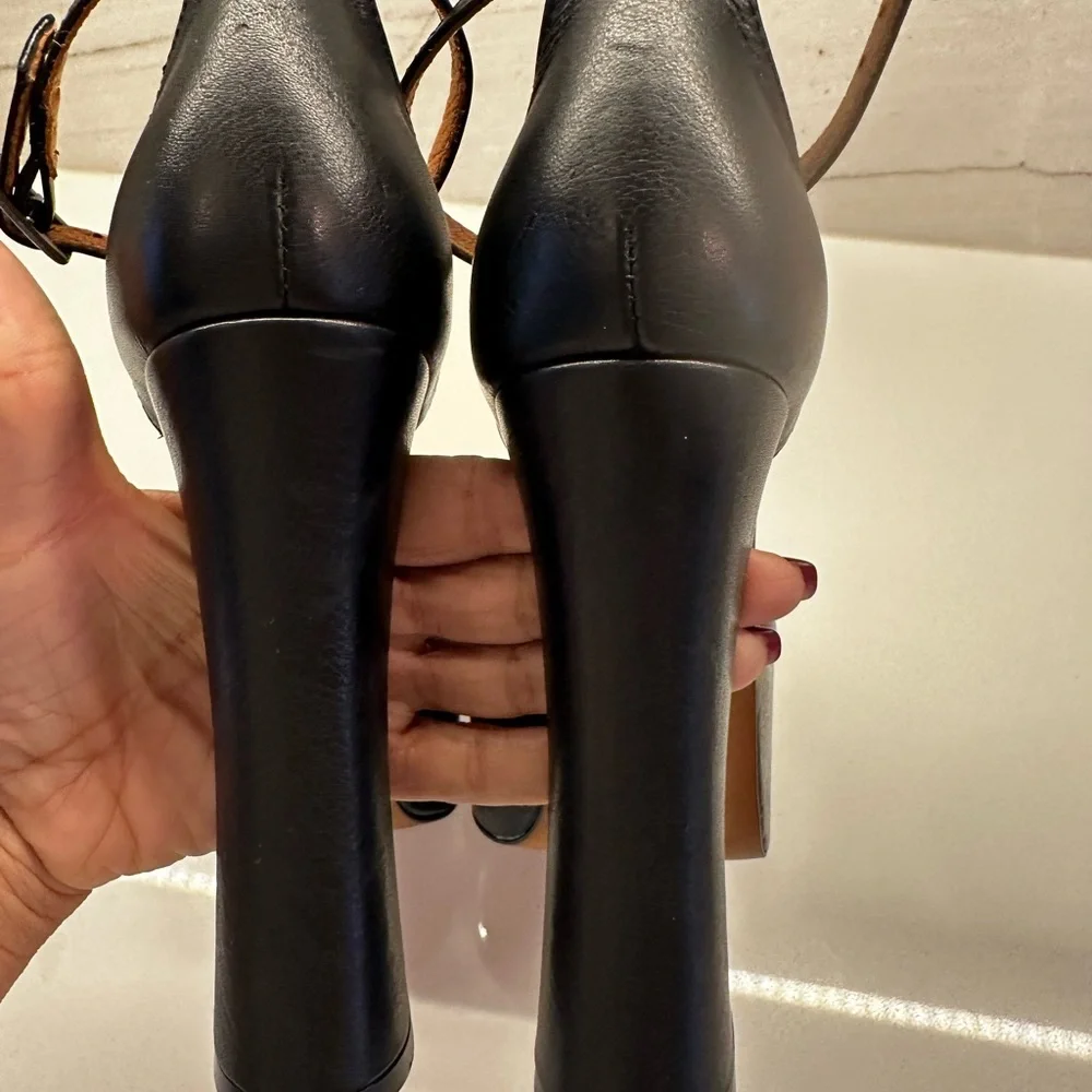 L'INTERVALLE Cabaret Black Leather Platform Shoes Block Heels square toe size 37 - Picture 10 of 13